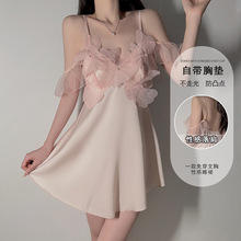 瑰若纯欲诱惑加胸垫内衣甜美网纱装饰性感丝滑缎面吊带裙套装5387