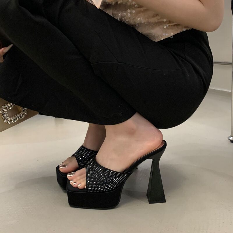 Chunky High Heels 12cm Nightclub Sexy Waterproof Platform Thick-Soled Rhinestone Peep-Toe Sandals Sky-High Runway Slippers for Women