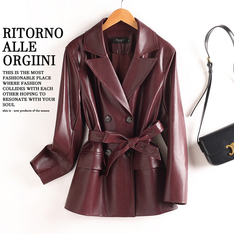 2026 New Style Pu Leather Women's Coat, Mid-Length Slim Fit Women's Blazer Collar Coat, High-End Elegant Slimming Haining Leather Jacket 2026 New Style Pu Leather Women's Coat, Mid-Length Slim Fit Women's Blazer Collar Coat, High-End Elegant Slimming Haining Leather Jacket