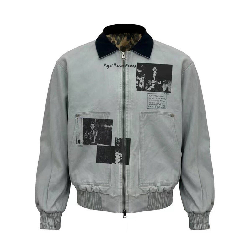 Cleanfit short canvas jacket with direct-printed design, heavy-duty wash, leopard print lining, and a retro autumn/winter denim style