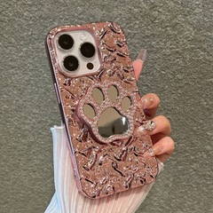 私模款貓爪鑲鑽鏡面帶支架iphone15proMax手機殼蘋果14女款13軟12