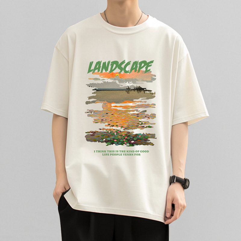 220g Heavy Printed T-shirt Men's Loose Crewneck Pure Cotton Short-sleeved High Street ins Style Summer Half-sleeved Base Shirt