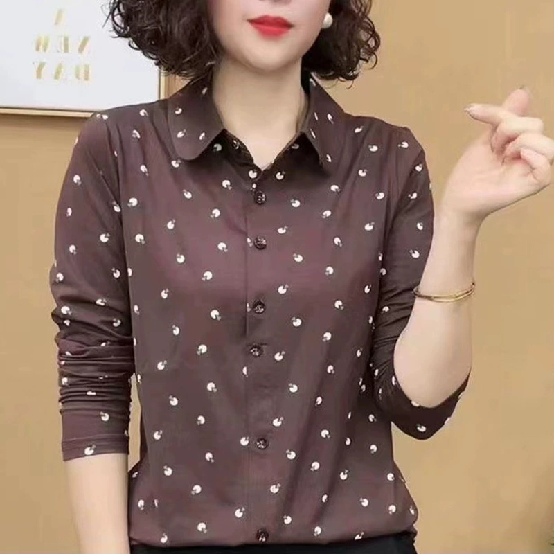 Весенняя тонкая универсальная элегантная базовая рубашка больших размеров, стильная полосатая утягивающая женская рубашка с длинными рукавами и отложным воротником