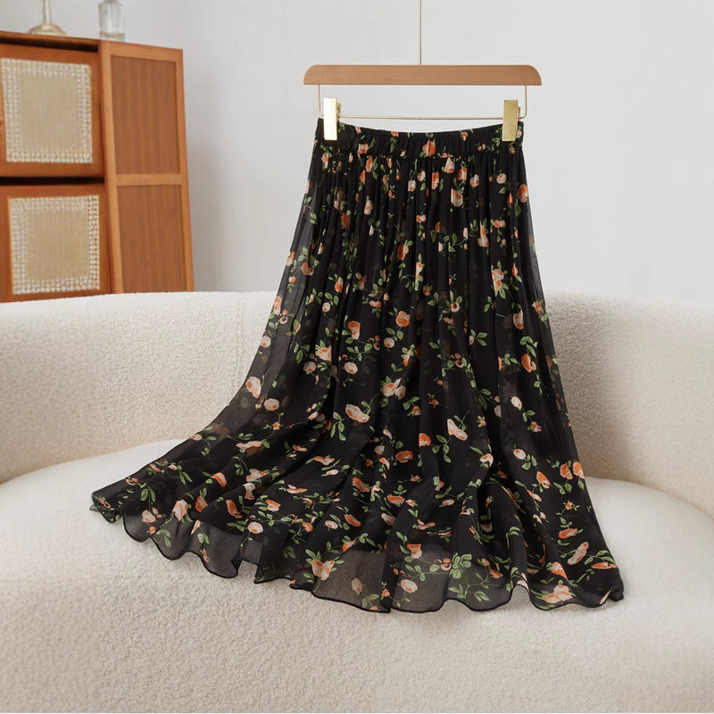 Silk Skirt 2026 Spring and Summer New Product Mulberry Silk Mid-Length Floral A-Line Skirt