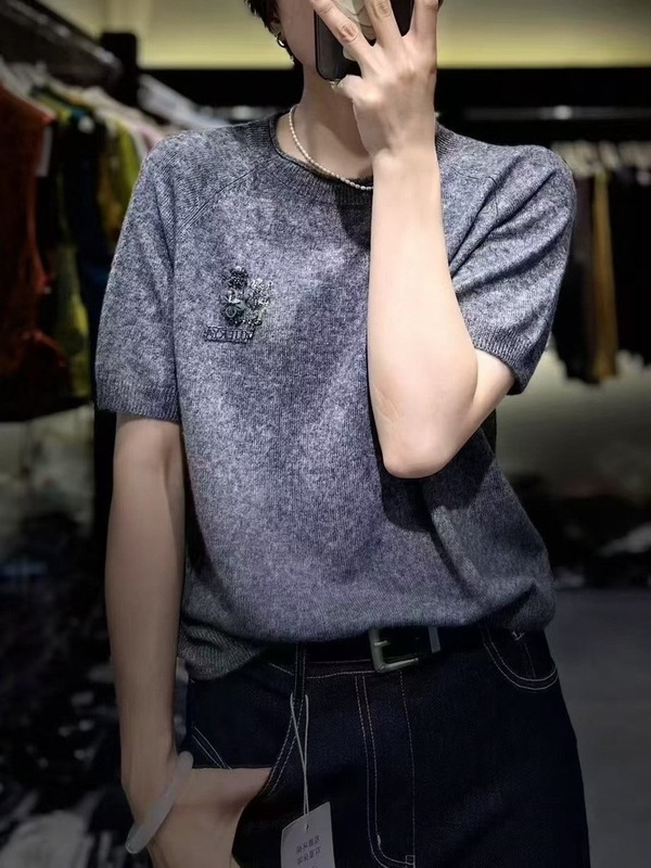25年欧洲站早秋新款圆领花朵刺绣针织短袖羊毛针织衫色内搭|undefined