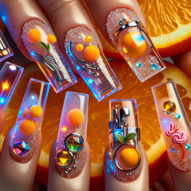 Wm-284 Orange Crushed Ice Fake Nails Rectangular Cross-Border Hot Girl Summer Vibrant Orange 24 Pieces Wearable Nails Wholesale