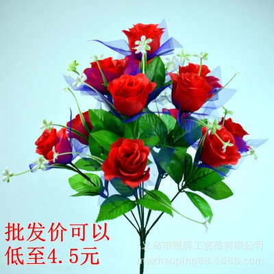 义乌照屏工艺品厂家批发仿真绢花把束12头带纱孔雀玫假花玫瑰花束