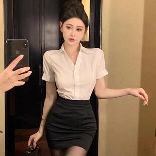 Stewardess Uniform Sexy V Neck Waist Slimming Look Short-Sleeved Shirt Ktv Simple Sexy Pedicure Technician Work Clothes 2300