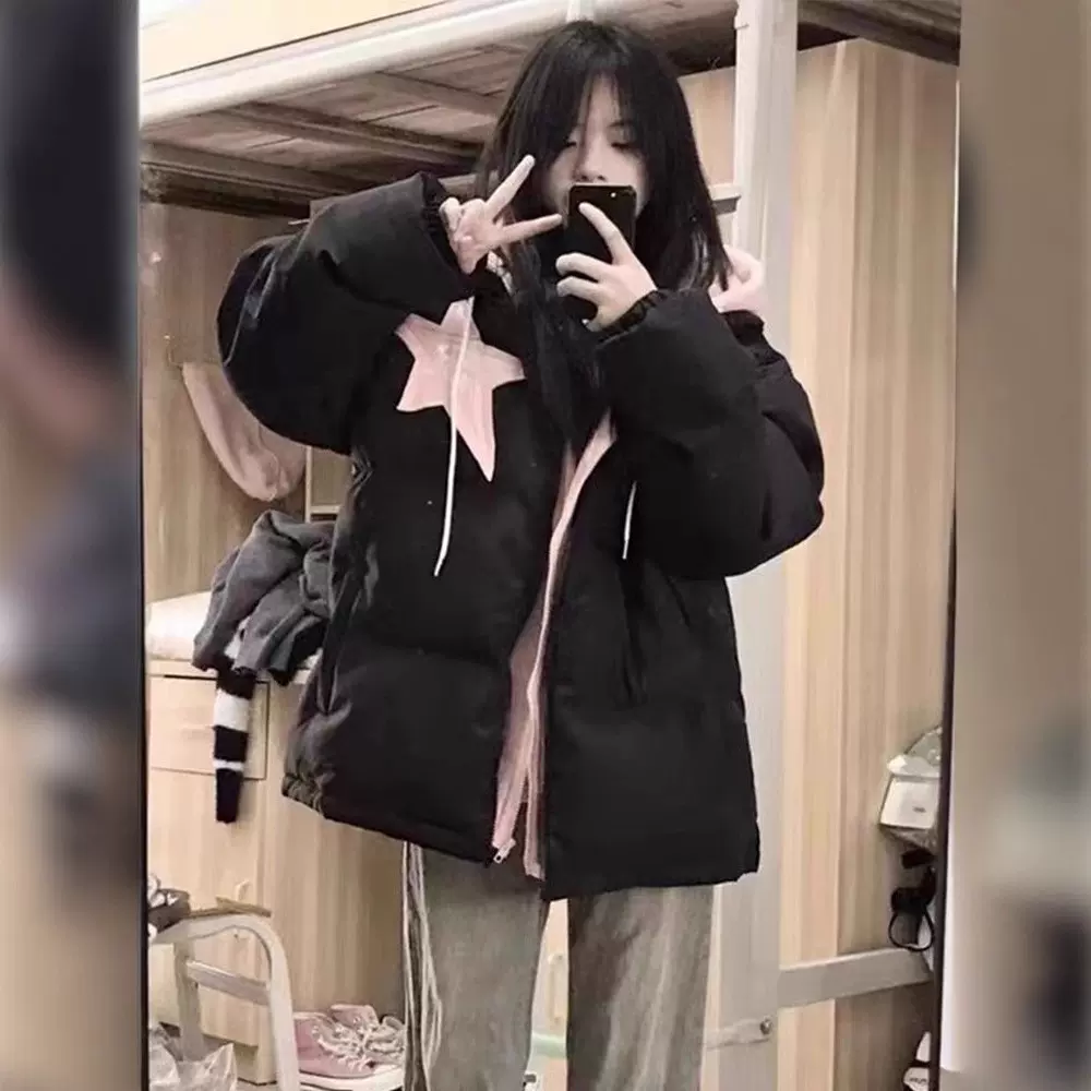 学院风设计感假两件拼接连帽棉衣棉服女2024冬季宽松面包服外套