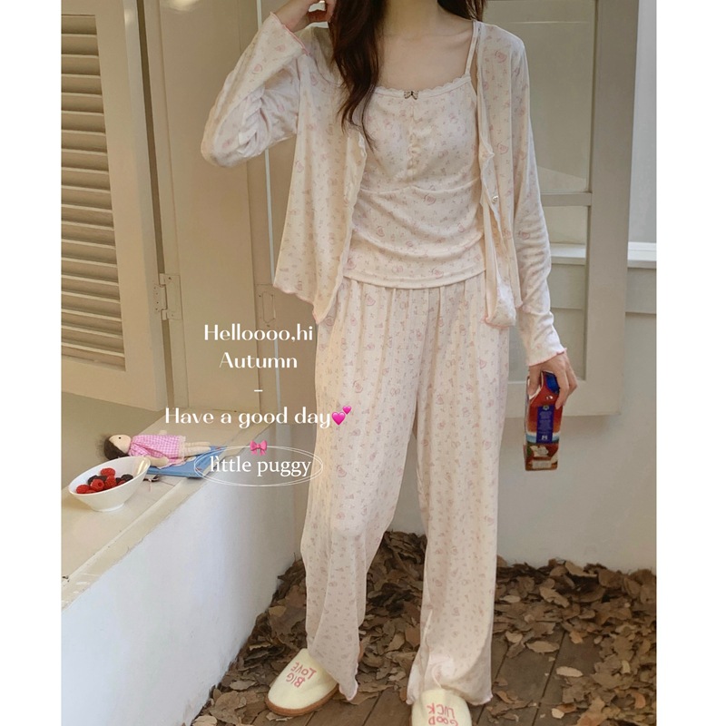 Three-Piece Set of Floral Home Clothes with Suspenders, Long Sleeves and Pants! Women's Knitted Cotton Milk Spring & Fall Casual Pajamas