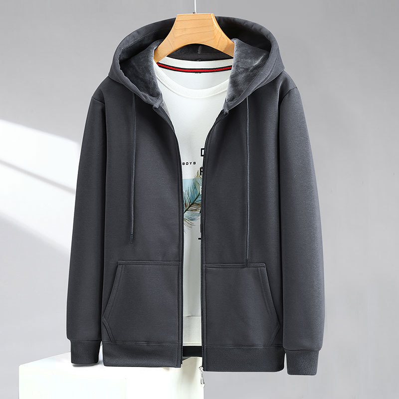 2025 Hooded Cardigan Men's Sweatshirt, Loose Fit, Fleece-Lined, Thickened, Trendy Oversized Solid Color Jacket for Young Men