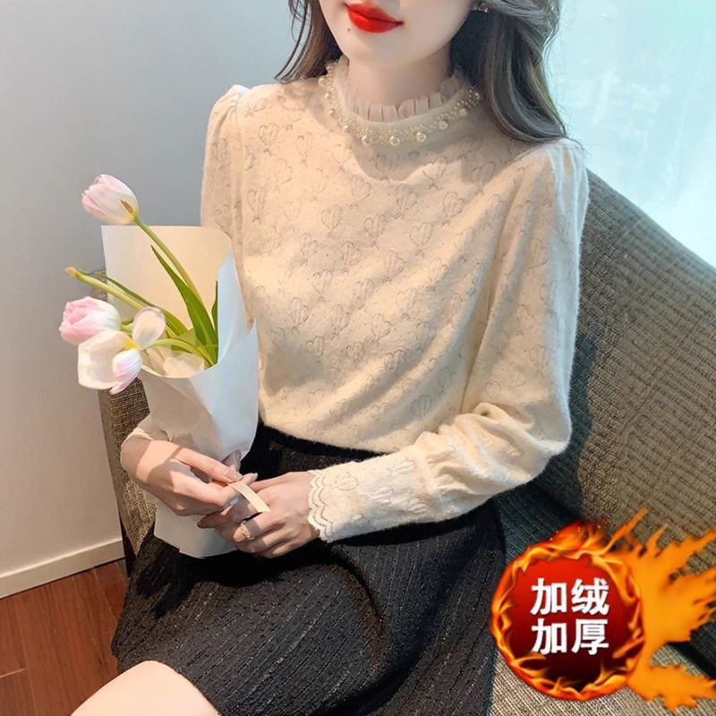 Fleece-Lined Thickened Autumn and Winter New Base Shirt, Fashionable Korean-Style Shirt, Elegant Slimming Lace Shirt, Versatile Tummy-Covering Top
