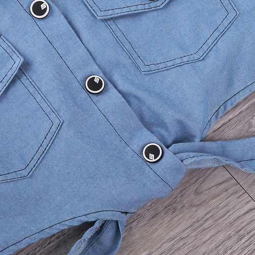 European and American-style kids' clothing for summer 2024: trendy short-sleeve denim jackets and skirts, plus a girls' export-ready outfit.