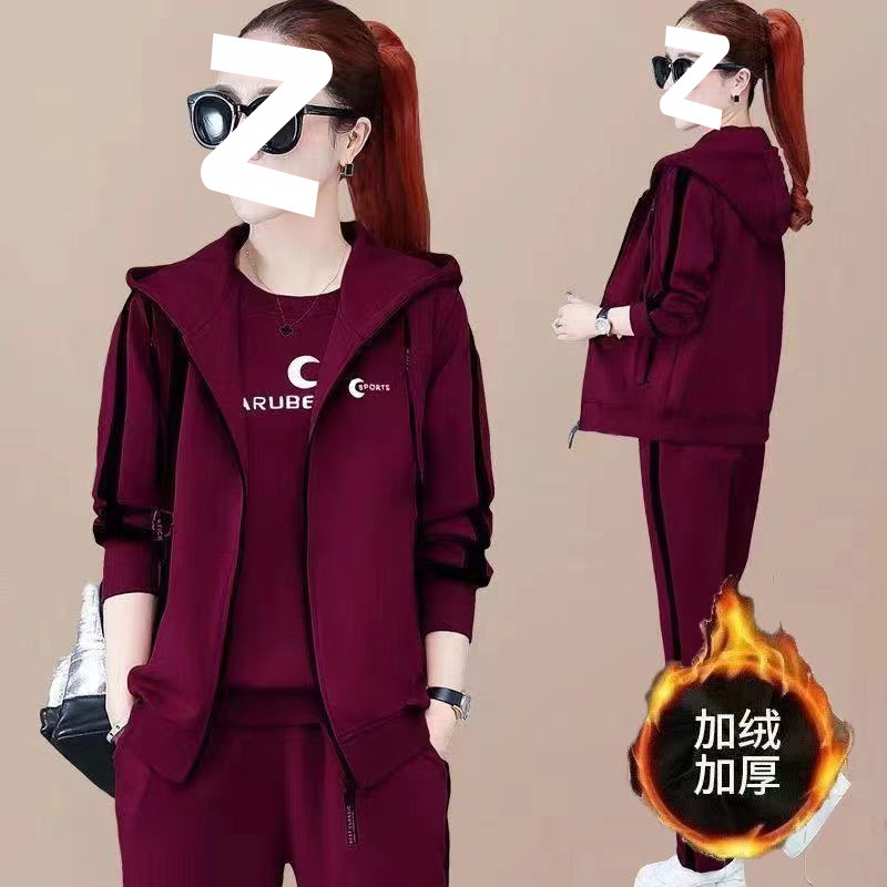 加绒加厚新款马甲三件套女韩版冬季长袖卫衣休闲保暖运动服套装女
