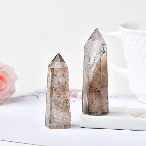 Cross-border hot-selling natural tea crystal column single-pointed hexagonal prism raw stone polished smoky crystal column home office Feng Shui ornaments