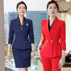赤いスーツのスーツの女性の秋のファッションの気質は正装のハイエンドの作業服の職業の服装のフロントのマネージャーのスーツの工装を詰めます。