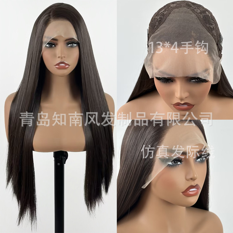 Cross-Border Dark Brown Wig Matte High-Temperature Fiber Lace Front Hand-Woven 13*4 Wigs Full Hairpiece Foreign Trade