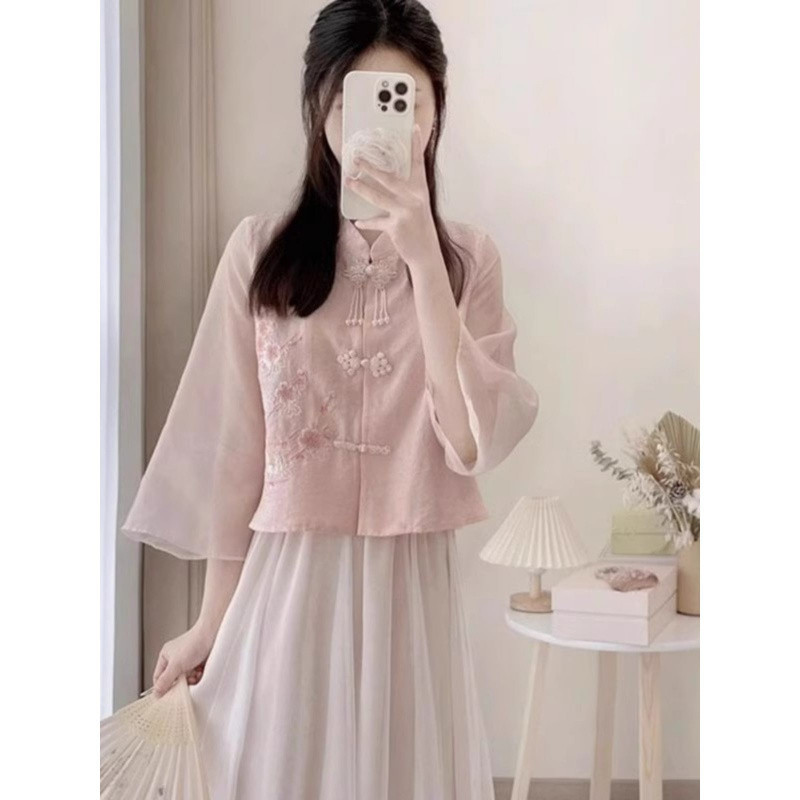 D6C New Chinese Style Two-Piece Set for Women, Spring and Autumn Plus Size Improved Hanfu Cheongsam Long Sleeve Top and Dress Set