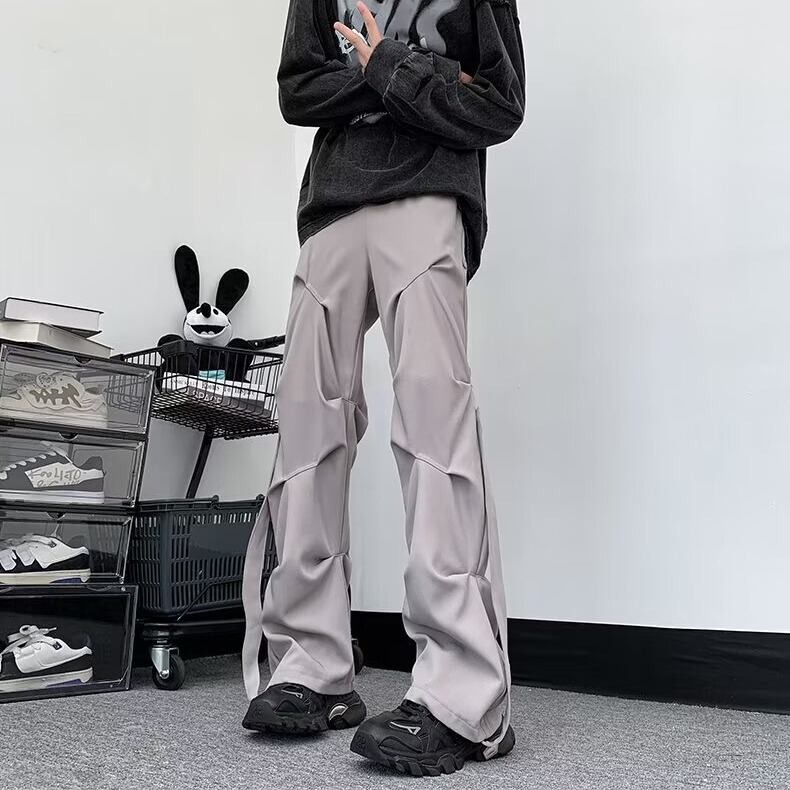 vibe stacked pleated pants ins high street fashion American overalls men's spring and autumn mopping floor wide leg functional wind pants