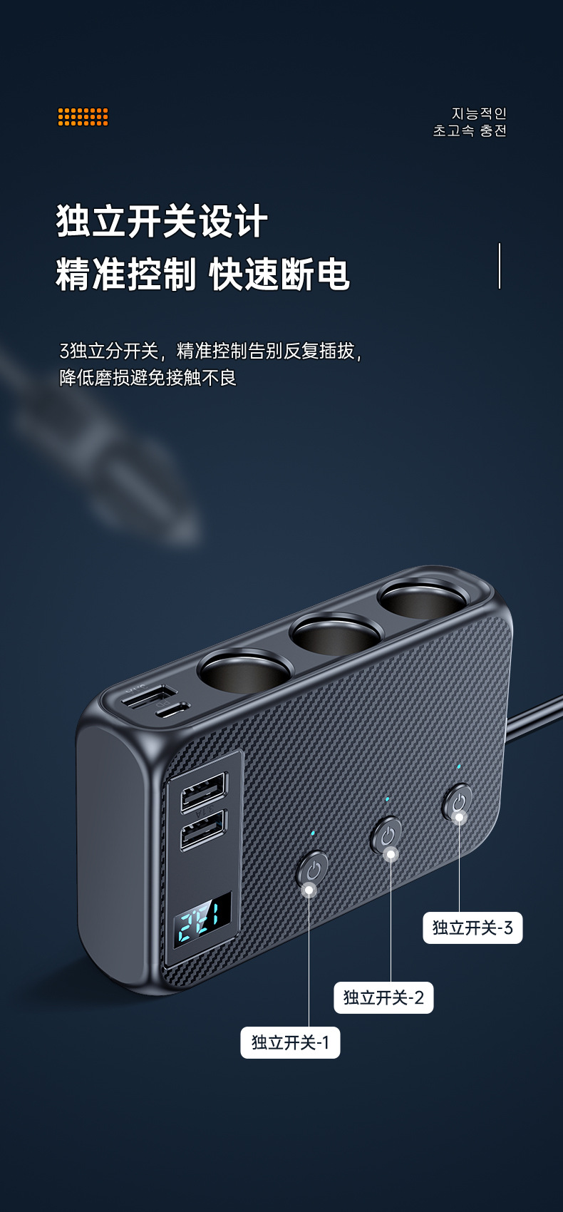 Hot-Selling One-To-Three Car Cigarette Lighter Multi-Function Usb3.0 and Pd Interface 128W Car Charger