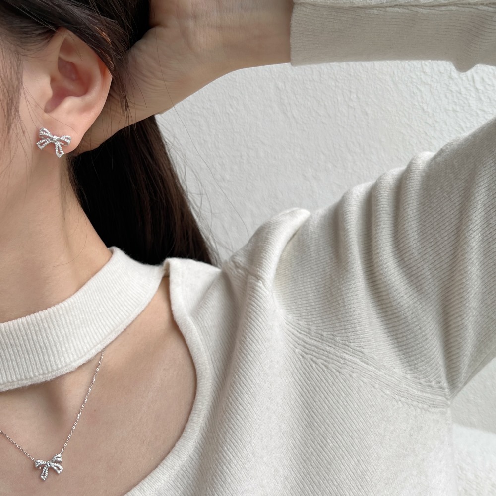 4g Weight Zircon Inlay Material Earrings, Necklace Classification Earrings + Necklace Quantity Holiday, Daily Occasion 925 Sterling Silver Material Bow Knot Pattern Women's Gender Plating, Inlay Design Elegant, Streetwear Style 925 Sterling Silver Zircon Plating Inlay Bow Knot Earrings Necklace 7