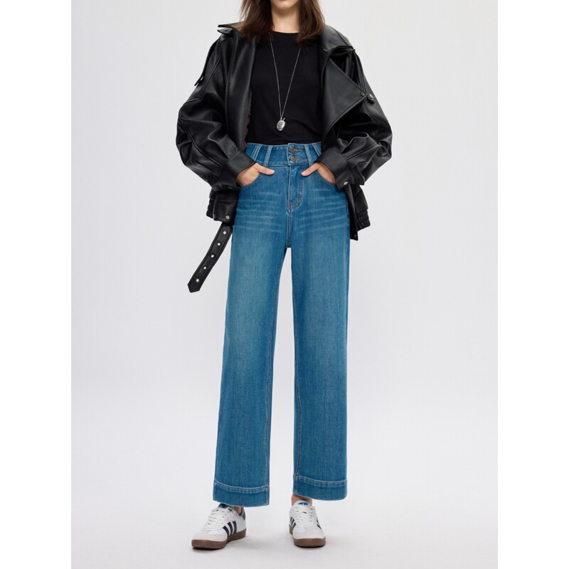 【High Quality】Four-Way Stretch Double Button Nine-Point Jeans for Women 2026 Spring New High-Waisted Loose Wide-Leg Pants