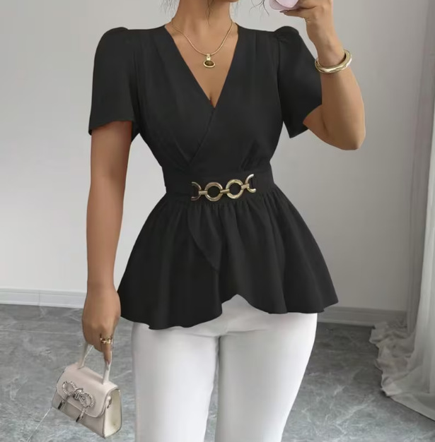 Chemisier luxueux en satin acétate pour femme, col en V, grande taille, ceinture à la taille, effet ventre plat, style estival haut de gamme, blouse décontractée_voghion.com