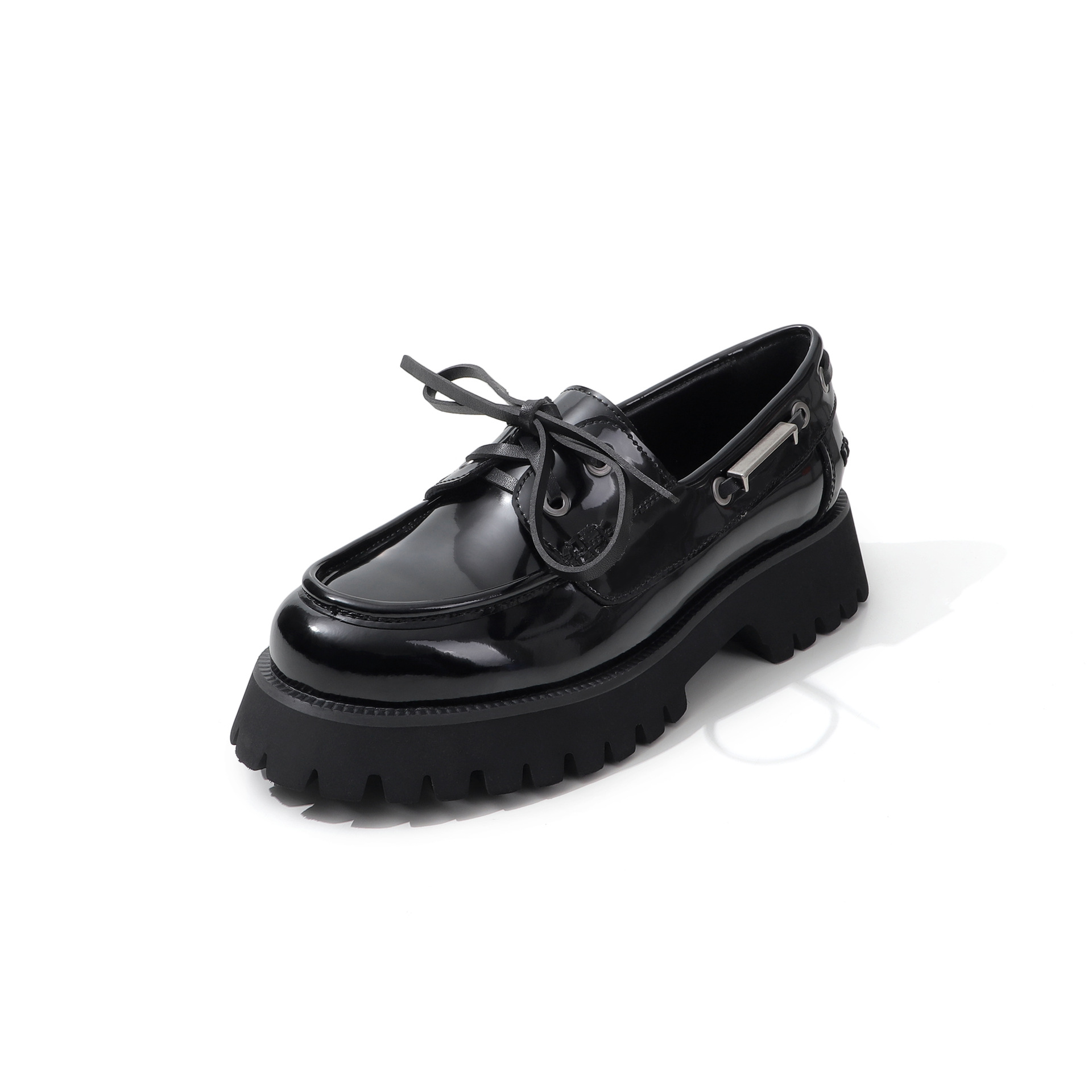 Giày loafer nữ đế dày mũi tròn buộc dây da bò — Đen (bóng)