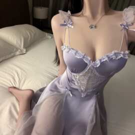 纯欲透视吊带睡裙小胸带胸垫家居睡衣性感木耳边吊带睡衣女