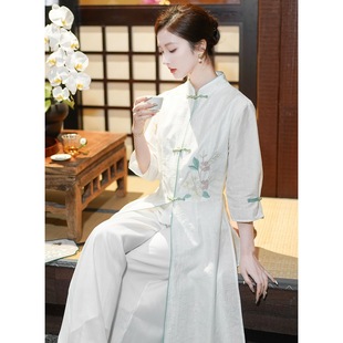 Original Design New Chinese Style Retro Improved Embroidery Zen Tea Dress Three-Quarter Sleeve Dress