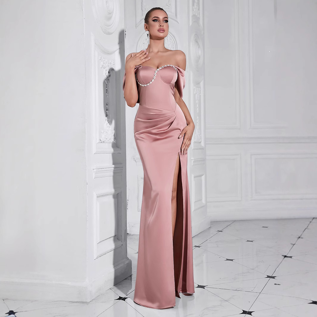 Dress European and American Cross-border Elegant Solid Color Off-shoulder Tube-shaped Diamond Side Split Dinner Dress dress