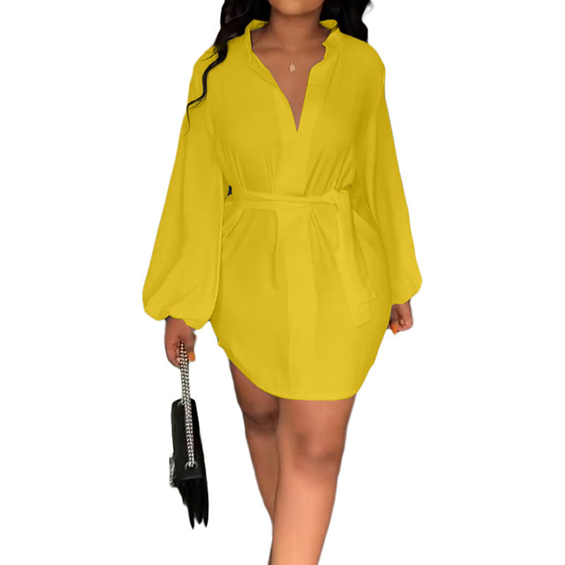 Women's Style V-neck Bubble Elastic Long-sleeved Shirt Dress