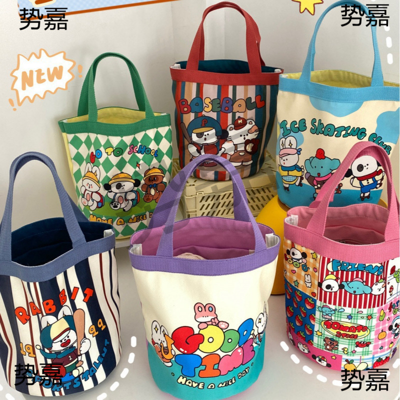 可爱插画水桶手提韩风少女心妈咪便当袋上班小拎包童趣涂鸦帆布包|undefined