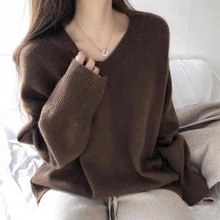 V-neck sweater, lazy style, Korean style, knitted pullover solid color top for women, fashionable and versatile Korean style