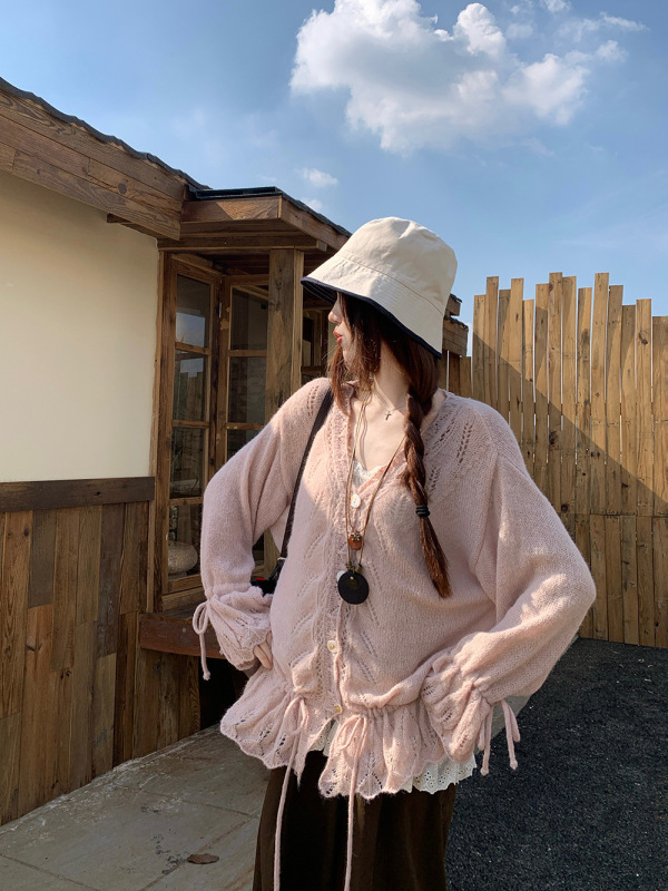 实拍~秋季新款温柔风抽绳钩花毛衣开衫+花边吊带上衣套装女88083|undefined