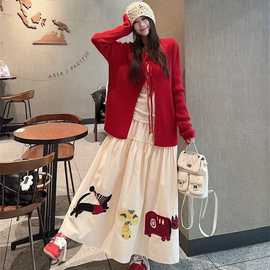 洋气红色绑带针织毛衣外套女秋季2025新款复古时尚休闲宽松上衣潮