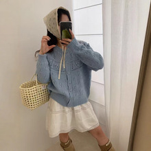 韩系复古甜美手工编织立体小球钩花针织开衫女秋冬新款毛衣外套潮