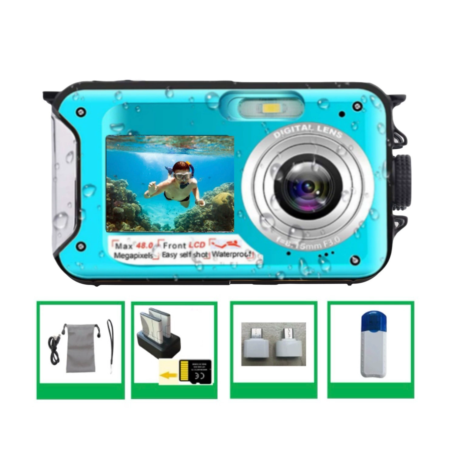 Англоязычная версия подводной камера Full HD 2.7K 48MP, водонепроницаемая для снорклинга с двойным экраном, цифровая камера B368