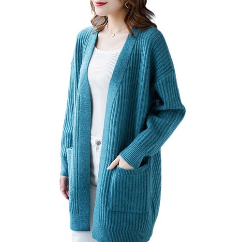 Spring and Autumn New Women's Knitted Cardigan Long Sleeve Loose Simple Outerwear Korean Style V-Neck Medium Long Coat