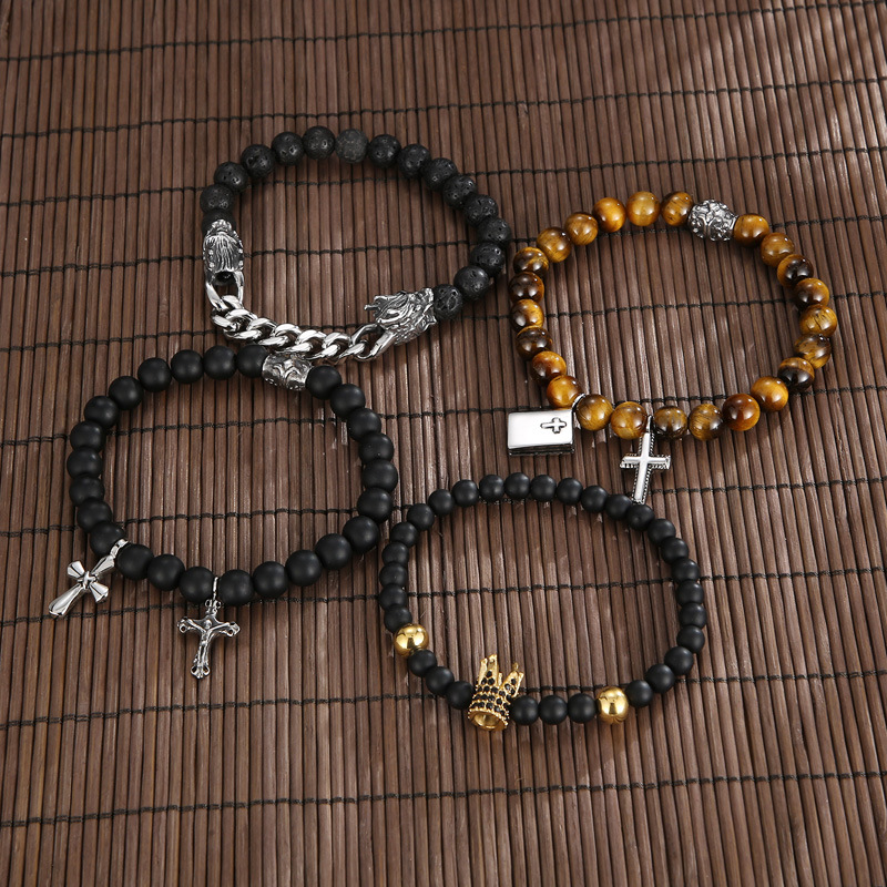 18K Real Gold Plated Plating Material Casual Punk Cross Crown Natural Stone Agate 18K Gold Plated Vacuum Plating Men's Bracelets Men Beaded Bracelets