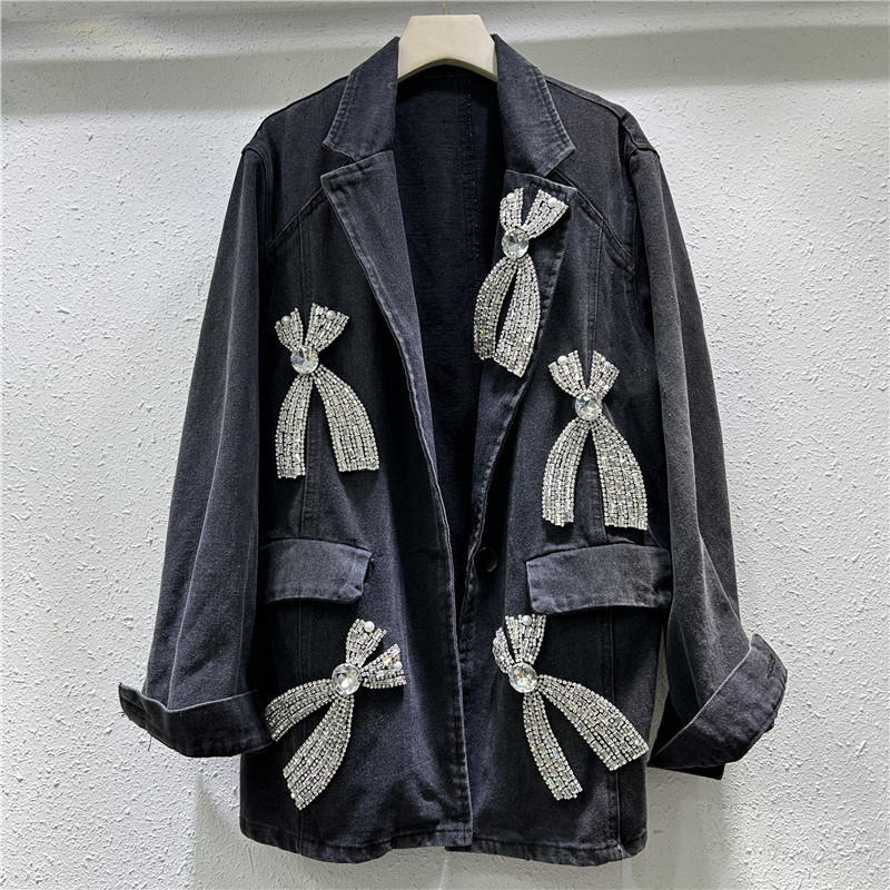 Saco Blazer de Mezclilla Holgado con Pedrería y Mariposa para Otoño