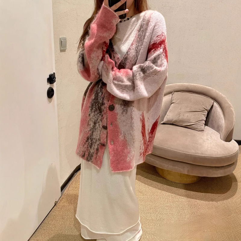 [in Stock] Red Marble Jacquard Casual Simple Printed Mid-Length Knitted Cardigan Loose Fit