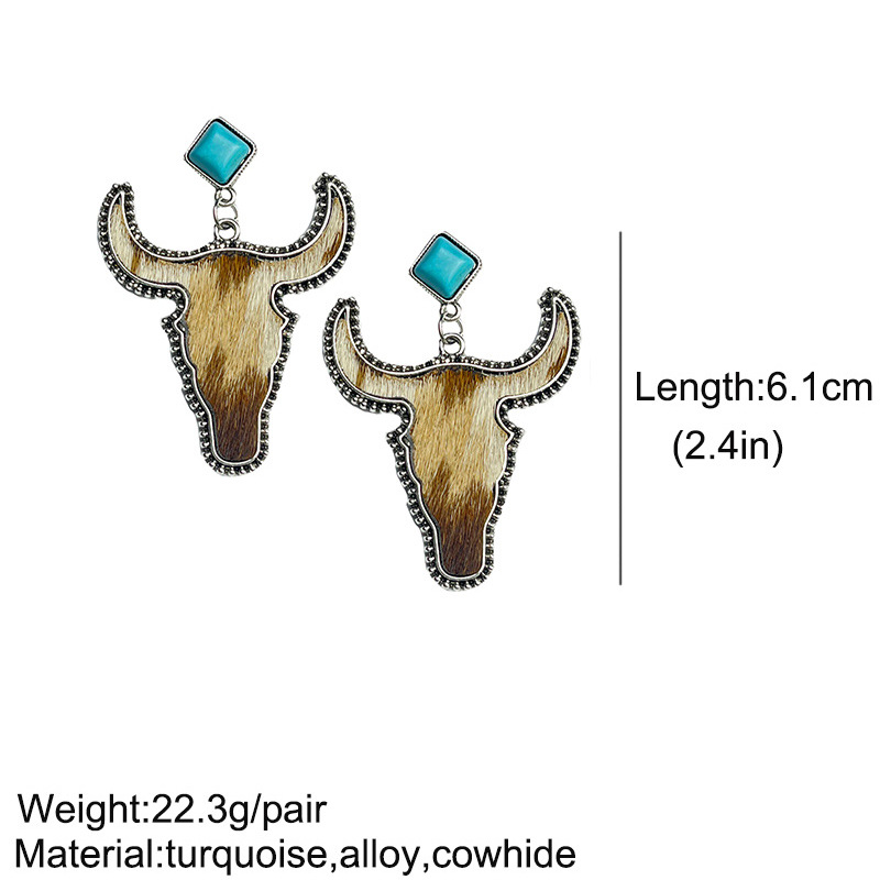 1 Pair Ethnic Style Bull Head Alloy Leather Inlay Turquoise Womenu0027S Drop Earrings