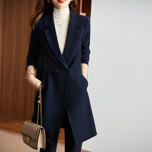 Women's Autumn/Winter Long Windbreaker Coat Professional Set with Long Sleeve Blazer Fashion and Elegance Office Workwear