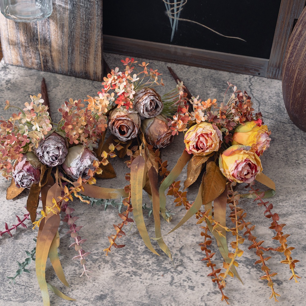 仿真花知念干燒玫瑰手札花束假花綠植物批發婚慶裝飾跨境MW89102