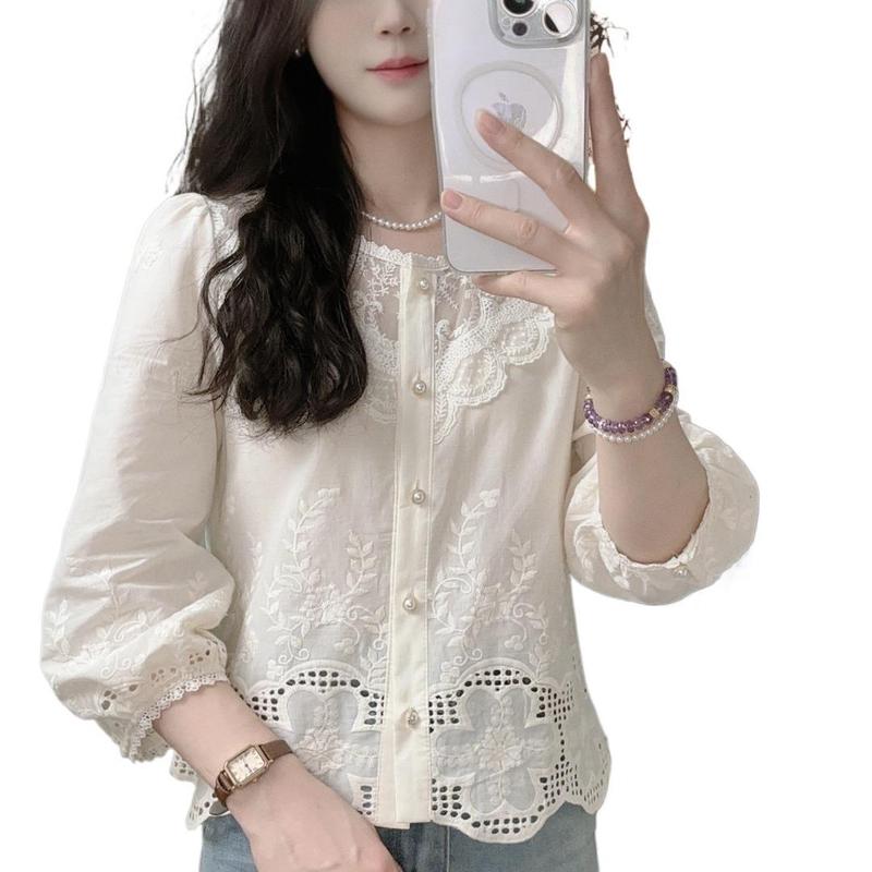新款早秋七分袖衬衫女新款淑女小衫宽松甜美百搭上衣女杏色|undefined