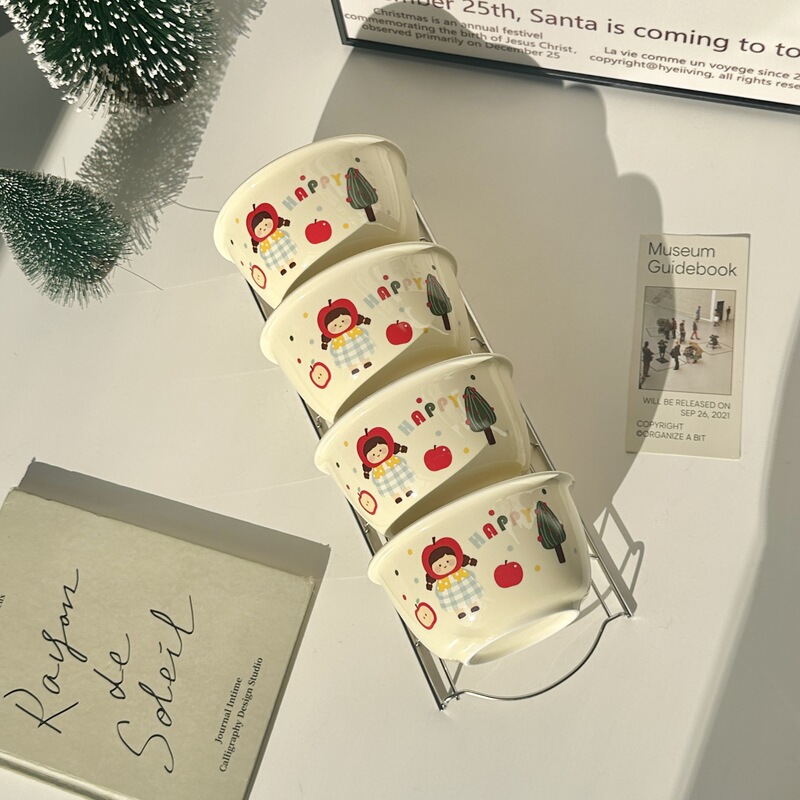 Cute Apple Girl Ceramic Bowl and Spoon Children's Tableware Set Cream Cartoon Rice Bowl Home Use Rice Bowl Salad Bowl