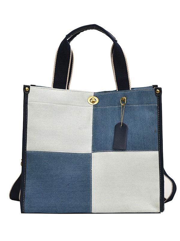 Bolso de denim de gran capacidad para mujeres 2024 nuevo color de moda empalmado bolso de mano tote de viaje mochila de hombro
