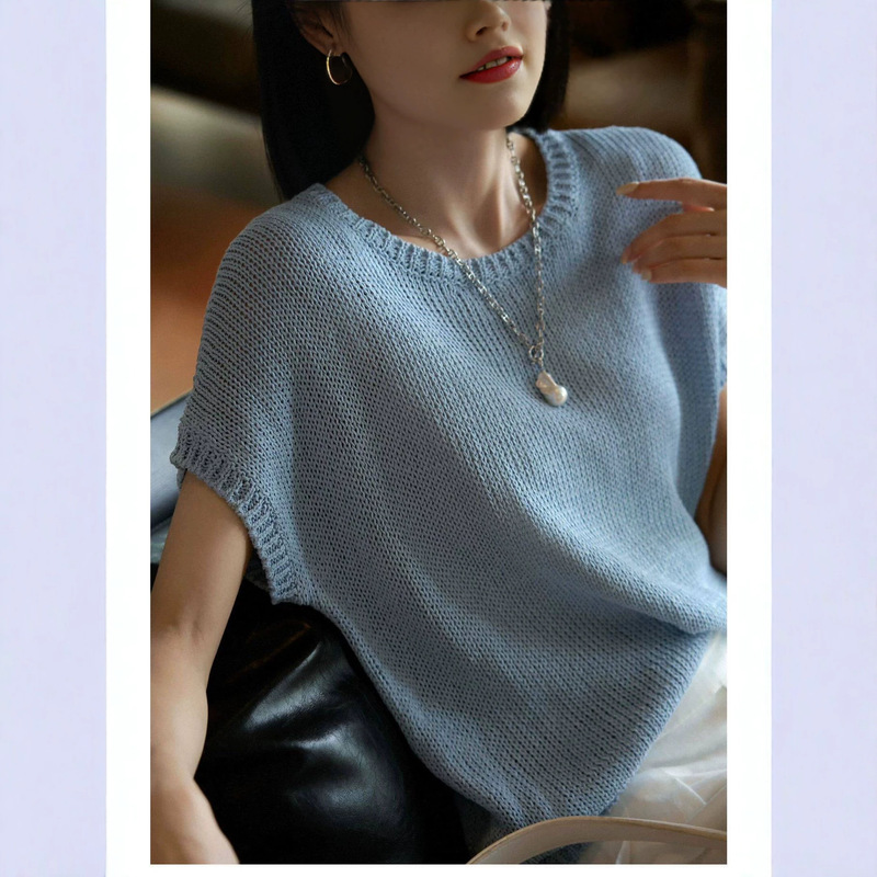 26 New~ "Cloud Breath Holiday Feel" Dry and Comfortable Japanese Paper Yarn Relaxed and Comfortable Round Neck Short-Sleeve Knit Shirt