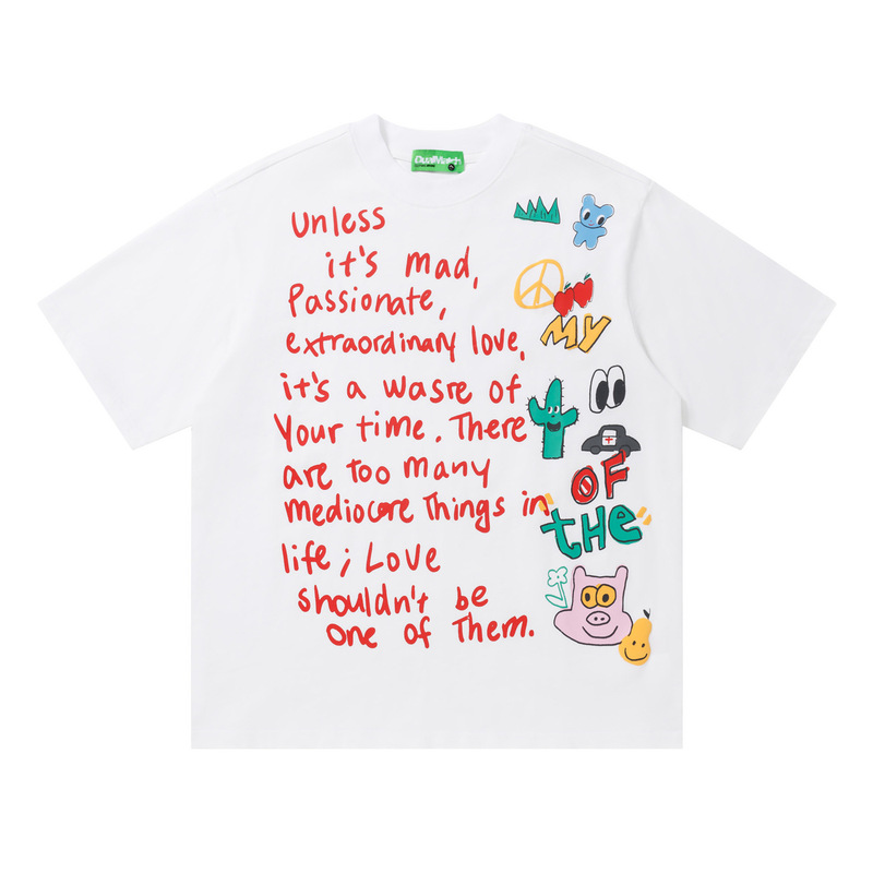 American Retro Fun Slogan Graffiti Print Short-Sleeved T-Shirt Summer Loose Half-Sleeved Casual Top for Men and Women Couples
